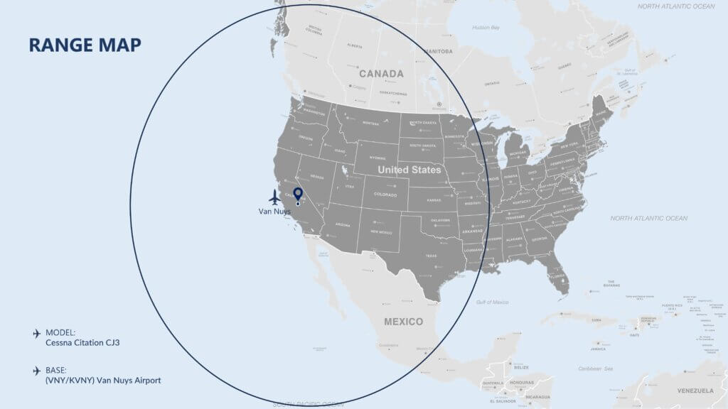 PCJ CJ3 KVNY Range Map - Pacific Coast Jet